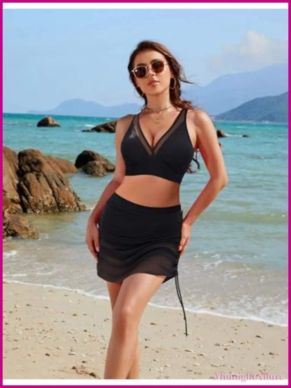 Women Mesh Swim Skirt High Waisted Tummy Control Bikini Set